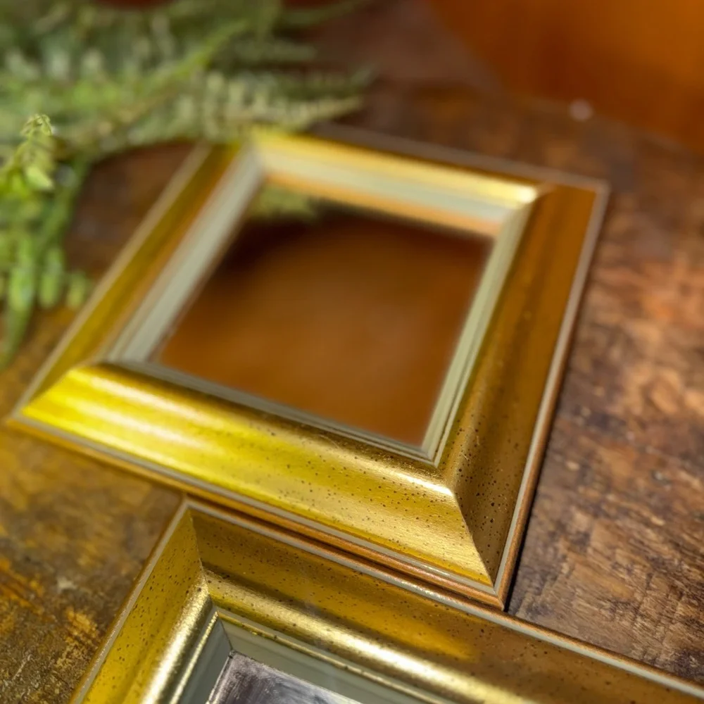 PAIR OF VINTAGE GOLD SQUARE FRAMED ACCENT MIRRORS WOOD 6 INCH WALL MOUNTED